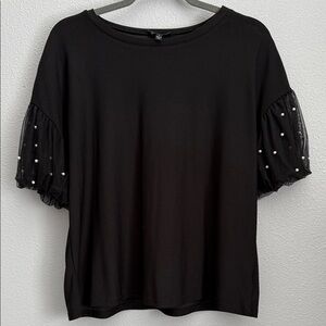 AUW Black Blouse with Pearl Puff Sleeve Details